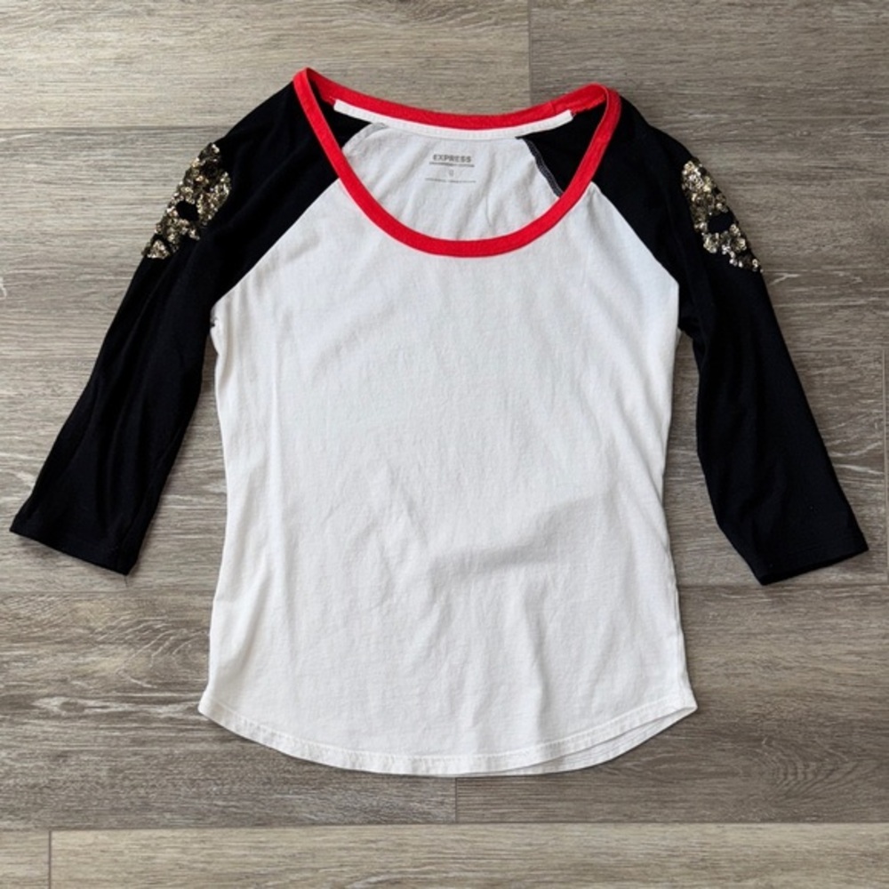 Express Black and White 3/4 Sleeve Tee with Red Trim & gold sequin skulls